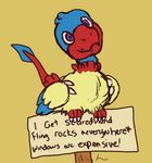  2014 ambiguous_gender archen avian blue_feathers claws cute english_text feathers feral i-block nintendo pok&eacute;mon pok&eacute;shaming purple_eyes red_feathers simple_background sitting solo teeth text toe_claws video_games yellow_background yellow_feathers 