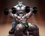  abs anthro big_muscles braford bulge canine clothed clothing dog duo eyes_closed feline grimace half-dressed husky lion male mammal muscles nipples tattoo topless weight_bench weightlifting workout 
