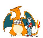  2014 ambiguous_gender black_hair charizard claws clothed clothing crossed_arms duo english_text fire fire_extinguisher gloves hair hat horn human humor male mammal nintendo nude pok&eacute;mon pok&eacute;shaming simple_background strideer text toe_claws video_games white_background white_eyes wings 