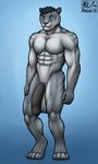  2015 abs anthro aolun balls biceps big_balls big_penis black_penis blue_fur blue_hair feline flaccid fur grey_fur hair huge_penis humanoid_penis hyper hyper_penis long_penis male mammal markings muscles nude orange_eyes pecs penis saber-toothed_cat solo stripes toned 