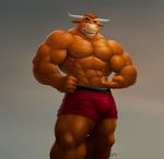  anthro big_muscles blue_eyes bovine braford cattle clothed clothing half-dressed horn male mammal muscles shorts solo topless 