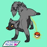  &lt;3 2014 ambiguous_gender black_fur blue_background canine english_text female feral flarveon fur grey_fur mammal nintendo peeing pok&eacute;ball pok&eacute;mon pok&eacute;shaming poochyena raised_leg red_eyes red_nose simple_background smile solo teeth text urine video_games wet yellow_sclera 