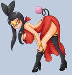  2014 2015 amber_eyes anthro anthrofied basketgardevoir big_breasts big_butt black_hair blush breasts butt clothed clothing dress eyewear glasses hair high_heels legwear long_hair mammal nintendo pig pok&eacute;mon porcine simple_background solo stockings tepig thigh_highs video_games 