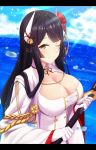  1girl azur_lane bangs black_hair breasts cleavage_cutout cloud commentary_request day flower gloves hair_ornament hiei_(azur_lane) highres holding holding_sword holding_weapon horns kagiyama_(gen&#039;ei_no_hasha) kagiyama_(gen'ei_no_hasha) katana large_breasts long_hair looking_at_viewer ocean one_eye_closed outdoors red_flower red_rose rose sky solo sunlight sword water weapon white_gloves wide_sleeves yellow_eyes 