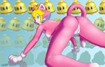  all_fours bell blonde_hair blue_eyes breasts butt cat_costume costume crown ear_piercing female from_behind hair hi_res idcam looking_at_viewer looking_back mario_bros nintendo open_mouth piercing princess_peach pussy shiny side_boob solo video_games 