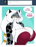 anthro big_breasts blue_eyes breasts chalo cleavage clothed clothing corset feline female hair huge_breasts las_lindas leopard looking_at_viewer mammal simple_background smile snow_leopard solo tila_sunrise tumblr white_hair yellow_sclera 