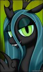  blue_hair changeling crown female friendship_is_magic green_eyes hair half-closed_eyes horn long_hair looking_at_viewer mammal my_little_pony queen_chrysalis_(mlp) royalty shapeshifter slit_pupils smile solo teeth verona verona7881 wings 