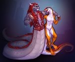  ambiguous_gender anthro beverage blue_eyes bottle bubble clothed clothing dreadlocks drunk fivel food forked_tongue grin hair horn lamia male naga nude open_mouth orange_eyes partially_clothed red_hair reptile scalie sharp_teeth simple_background smile snake teeth tongue vest 
