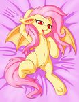 2015 bat_pony bat_wings fearingfun female feral flutterbat_(mlp) fluttershy_(mlp) friendship_is_magic fur hair long_hair long_tongue lying my_little_pony navel on_back open_mouth pink_hair pussy red_eyes solo spread_legs spreading tongue tongue_out wings yellow_fur 