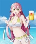  akashi_(kantai_collection) alcohol bandana beer beer_mug bikini blush breasts cleavage cup green_eyes hair_ribbon highres holding holding_cup jinmyou_san kantai_collection large_breasts long_hair looking_at_viewer midriff navel open_mouth pink_hair ribbon smile solo swimsuit textless tress_ribbon v 