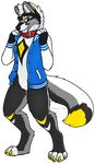  2015 alpha_channel anthro black_fur bottomless canine claws clothed clothing collar fur gloves grey_fur half-dressed jacket looking_back male mammal markings pawpads paws portrait pose royalty_(artist) smile solo toqen white_fur white_stripes wolf yellow_eyes yellow_fur yellow_stripes 