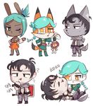  ? annie_(skullgirls) anthro b2b22 belly_rubs beowulf_(skullgirls) black_hair blue_hair breasts brown_fur canine cerebella chair chibi cleavage clothed clothing eye_patch eyewear female fox fur green_hair grey_fur hair human korean_text lagomorph male mammal one_eye_closed rabbit sagan_(skullgirls) sharp_teeth skullgirls teeth text translation_request wolf yellow_eyes 