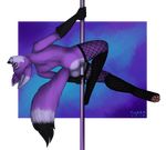  alpha_channel ambiguous_gender black_fur butt canine clothing eyes_closed fishnet fishnet_legwear floopysnow fluffy flurra fox fur girly grey_fur hindpaw legwear mammal paws pole_dance purple_fur rear_view smile solo 