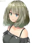  bare_shoulders blue_eyes blush collarbone fringe_trim green_eyes green_hair heterochromia idolmaster idolmaster_cinderella_girls isshiki_(ffmania7) looking_at_viewer mole mole_under_eye open_mouth short_hair smile solo takagaki_kaede 