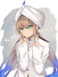  1other androgynous blonde_hair blue_eyes brown_hair captain_(fate/grand_order) double_v fate/grand_order fate_(series) hair_between_eyes hat long_hair long_sleeves looking_at_viewer military military_uniform naval_uniform solo turban uniform v white_hat 