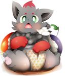  2012 3_fingers 3_toes ambiguous_gender anthro black_fur blush canine cheek_tuft chest_tuft clothing cub cute digital_media_(artwork) ear_tuft food fruit fur green_eyes grey_fur hi_res hindpaw kemono looking_at_viewer mammal multicolored_fur nekokagebevil nintendo open_mouth paws pink_pawpads pok&eacute;ball pok&eacute;mon red_fur simple_background sitting solo spread_legs spreading toes tongue tuft underwear video_games white_background young zorua 