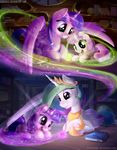  2015 bobdude0 book collaboration equine female friendship_is_magic glowing green_eyes horn library magic mammal my_little_pony princess_celestia_(mlp) purple_eyes sparkles sweetie_belle_(mlp) twilight_sparkle_(mlp) unicorn viwrastupr winged_unicorn wings young 
