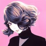  1girl commentary english_commentary hair_over_one_eye highres ilya_kuvshinov lips looking_at_viewer mole mole_under_eye mole_under_mouth one_eye_covered original parted_lips pink_background purple_eyes short_hair simple_background solo wavy_hair 