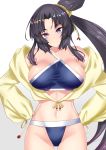  bangs bare_shoulders bikini black_hair blue_bikini blue_eyes blush breasts closed_mouth commentary_request fate/grand_order fate_(series) hair_bun hair_ribbon hands_on_hips highres hips jacket large_breasts long_hair looking_at_viewer navel open_clothes open_jacket parted_bangs ribbon sankakusui shiny shiny_hair side_ponytail sideboob simple_background sleeves_past_wrists smile solo swimsuit ushiwakamaru_(fate/grand_order) ushiwakamaru_(swimsuit_assassin)_(fate) very_long_hair white_background yellow_jacket yellow_ribbon 