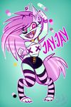  &lt;3 2015 anthro blue_fur breasts canine clothed clothing female fur hair jayjay_(character) jiji_(character) legwear looking_at_viewer mammal open_mouth piercing pink_eyes purple_hair simple_background smile solo stockings text thigh_highs tongue unknown were werewolf wide_hips wolf 