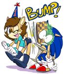  4chan breasts brown_hair bump bump_the_deer cake clothing duo english_text fan_character female food hair hat hedgehog humor male mammal one_eye_closed party_hat sitting smile sonic_(series) sonic_(sonic) text wink 