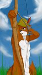  aiming anthro archer archery arrow balls barely_visible_genitalia bow canine cloudscape digital_media_(artwork) disney fox fur hat low-angle_shot male mammal nipples nude open_mouth penis penis_tip perspective robin_hood robin_hood_(disney) sheath sky solo standing stripes-the-raccoon 