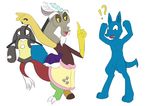  2014 ambiguous_gender anthro canine clothes_hanger crossover discord_(mlp) draconequus fangs fantasyglow friendship_is_magic hair horn jackal lucario male mammal my_little_pony nintendo nude pok&eacute;mon red_eyes towel video_games what wings 