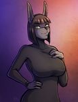  abstract_background anthro anubian_jackal big_breasts big_ears black_hair black_nose breasts canine clothing dress ear_piercing egyptian erect_nipples female green_eyes hair jackal kadath looking_at_viewer mammal nightshade_(kadath) nipple_bulge nipples piercing short_hair simple_background smile solo sweater tight_clothing turtleneck 