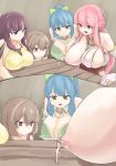  artist_request blue_hair blush_sticker breasts brown_hair huge_breasts large_breasts large_nipples long_hair minigirl multiple_girls pink_hair purple_hair sideboob yuri 