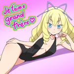  blonde_hair blue_eyes casual_one-piece_swimsuit drill_hair french fukuouji_laura jewelpet_(series) jewelpet_magical_change long_hair lying meow_(nekodenki) on_side one-piece_swimsuit solo swimsuit translated 