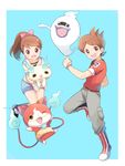  1girl amano_keita belt blue_background blue_fire boots brown_eyes brown_hair cargo_pants cat fangs fire ghost grey_pants haramaki high_ponytail jibanyan kodama_fumika komasan long_hair mei_(maysroom) multiple_tails notched_ear one_eye_closed open_mouth pants purple_lips red_shirt shirt short_hair shorts simple_background t-shirt tail tail-tip_fire two_tails watch whisper_(youkai_watch) white_background wristwatch youkai youkai_watch youkai_watch_(object) youkai_watch_2 youkai_watch_zero-shiki 