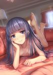  bangs barefoot black_hair blunt_bangs blurry blush breasts chin_rest collarbone couch curtains depth_of_field error feet_up gokou_ruri highres indoors jpeg_artifacts lamp long_hair long_legs looking_at_viewer lying mole mole_under_eye nipples nude on_couch on_stomach ore_no_imouto_ga_konna_ni_kawaii_wake_ga_nai purple_eyes ringed_eyes small_breasts smile solo weiyinji_xsk window wrong_feet 