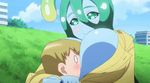  1girl animated animated_gif between_breasts breast_press breast_smother breasts cleavage goo_girl green_eyes green_hair head_between_breasts huge_breasts monster_girl monster_musume_no_iru_nichijou slime suu_(monster_musume) 