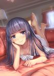  bangs barefoot black_hair blunt_bangs blurry blush bow breasts chemise chin_rest collarbone couch curtains depth_of_field downblouse error feet_up full_body gokou_ruri highres indoors jpeg_artifacts lamp lingerie long_hair looking_at_viewer lying mole mole_under_eye on_couch on_stomach ore_no_imouto_ga_konna_ni_kawaii_wake_ga_nai purple_eyes ringed_eyes sleeveless small_breasts smile solo underwear weiyinji_xsk window wrong_feet 