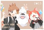  &gt;_o 2015 amano_keita black_eyes blue_fire blue_skin blush bowl brown_eyes brown_hair cat chopsticks eating english fangs fire food ghost hakama haori happy_new_year holding holding_bowl holding_chopsticks horns japanese_clothes jibanyan kappa kimono left-handed looking_at_viewer mei_(maysroom) mochi multiple_tails new_year nogappa notched_ear one_eye_closed open_mouth purple_lips sheep_horns short_hair tail tail-tip_fire two_tails v watch whisper_(youkai_watch) wristwatch youkai youkai_watch youkai_watch_(object) zouni_soup 