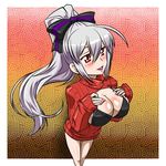  blush breasts cleavage headphones large_breasts long_hair looking_at_viewer meme_attire open-chest_sweater open_mouth ponytail red_eyes ribbed_sweater ribbon silver_hair smile solo sweater tamashabu_(tamasyabu) turtleneck very_long_hair vocaloid voyakiloid yowane_haku 