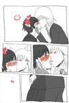  1boy 1girl blush head_wreath highres kakine_teitoku kiss monochrome pixiv_manga_sample school_uniform simple_background to_aru_majutsu_no_index translated uiharu_kazari 