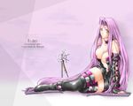  akatsuki_akane arm_support artist_name bare_shoulders boots breasts chain cleavage collar detached_sleeves elbow_gloves fate/stay_night fate_(series) gloves large_breasts long_hair nameless_dagger purple_hair rider solo tattoo thigh_boots thighhighs thighs very_long_hair wallpaper yellow_eyes 