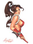  2015 breasts brown_hair dated elias_chatzoudis from_side high_ponytail highres large_breasts lips long_hair shiranui_mai sideboob simple_background solo the_king_of_fighters upper_body white_background 