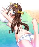  barefoot bikini blue_eyes brown_hair commentary_request double_bun hairband kantai_collection kongou_(kantai_collection) long_hair lying on_stomach solo swimsuit yuuki_hb 