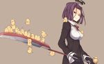  animal animal_on_shoulder bird chick glaive glasses gloves halo kantai_collection long_sleeves mechanical_halo polearm purple_eyes purple_hair safai short_hair solo tatsuta_(kantai_collection) too_many too_many_chicks weapon 