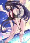  aoi_(kirabosi105) arm_strap bare_shoulders beach bikini black_hair blue_eyes grace_(terra_battle) one_eye_closed solo sunset swimsuit terra_battle 