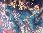  ahoge artist_name blonde_hair blue_eyes braid bug butterfly cinderella cinderella_(disney) clock clock_tower cloud copyright_name dress feet frilled_dress frills glass_slipper high_heels insect kawacy night no_socks open_mouth shoes_removed sleeveless sleeveless_dress solo sparkle too_many too_many_frills tower 