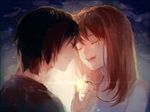  1girl black_hair couple crying eyes_closed gradient gradient_background happy hetero higashi_no_eden morimi_saki orange_hair short_hair sky smile star takizawa_akira tears yellow_eyes 