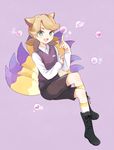  animal_ears boots brown_hair fox_ears fox_tail full_body green_eyes heart kemonomimi_mode kyuntama kyuubi kyuubi_(youkai_watch) male_focus mei_(maysroom) multiple_tails open_mouth personification purple_background shorts simple_background sitting solo sweater_vest tail youkai youkai_watch 