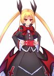  blazblue blonde_hair bow commentary gii hair_ribbon highres long_hair long_sleeves looking_at_viewer pout pulling rachel_alucard red_bow red_eyes revision ribbon shirt skirt skirt_set solo ti-tang very_long_hair wide_sleeves 