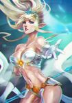  absurdres blonde_hair breasts cleavage gradient gradient_background highres janna_windforce league_of_legends looking_at_viewer monori_rogue monorirogue navel solo stomach tiara 