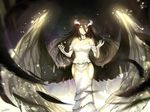  albedo bare_shoulders black_wings demon_girl demon_horns detached_collar dress elbow_gloves feathers gloves highres hip_vent horns long_dress long_hair looking_at_viewer overlord_(maruyama) signature sishenfan solo strapless strapless_dress very_long_hair white_dress white_gloves wings 