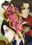  2boys afro animal black_hair bracelet brown_eyes brown_hair facial_hair flying_squirrel fuu fuu_(samurai_champloo) glasses gradient gradient_background hair_ornament highres japanese_clothes jewelry jin_(samurai_champloo) kimono long_hair mugen mugen_(samurai_champloo) multiple_boys samurai_champloo squirrel stubble twintails vector_trace wide_sleeves 