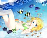  air_bubble bikini blonde_hair breath bubble covering_mouth fish freediving hair_ornament hairclip holding_breath jimmy kagamine_rin navel solo swimming swimsuit underwater vocaloid 